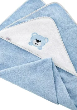 Babyhandtuch mit Kapuze, 100% Baumwolle, himmelblau mit Bär, 100x100 cm