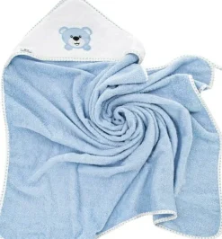 Babyhandtuch mit Kapuze, 100% Baumwolle, himmelblau mit Bär, 100x100 cm