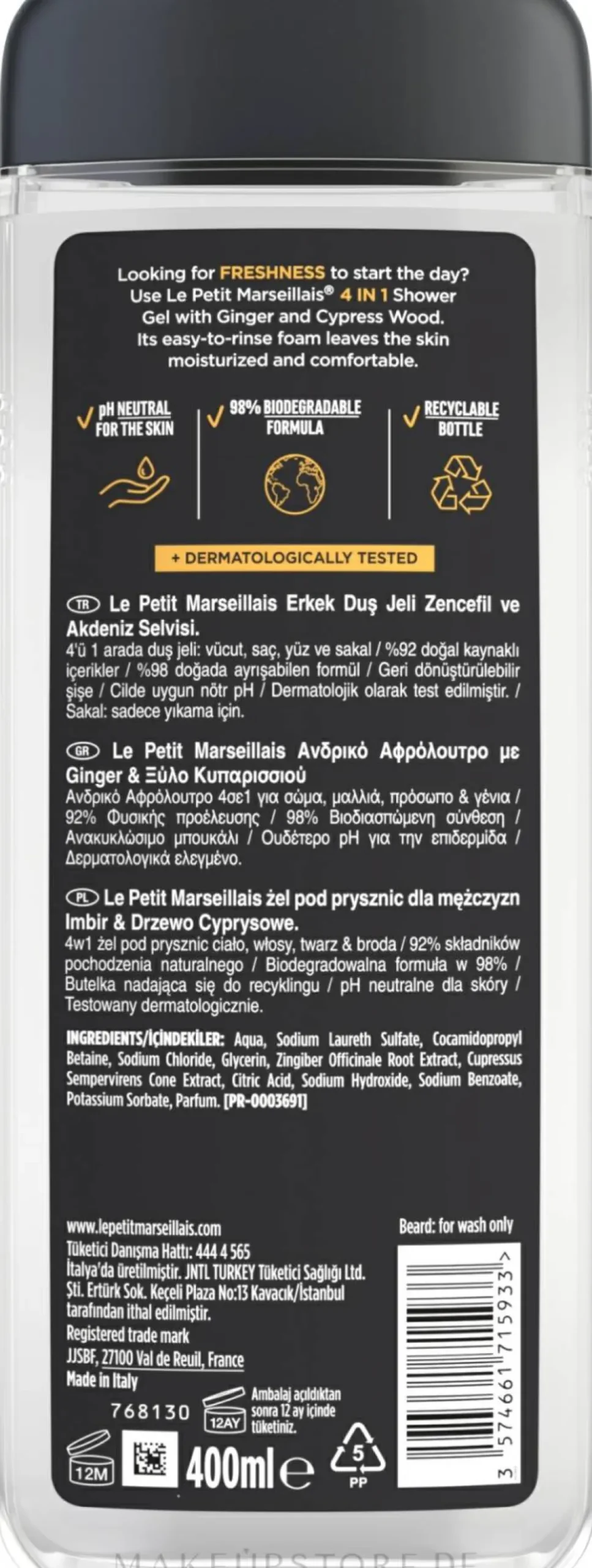 Duschgel und Shampoo für Männer mit Ingwer und Zypresse