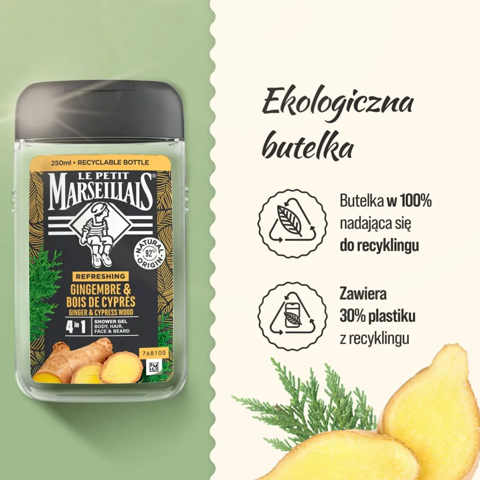 Duschgel und Shampoo für Männer mit Ingwer und Zypresse