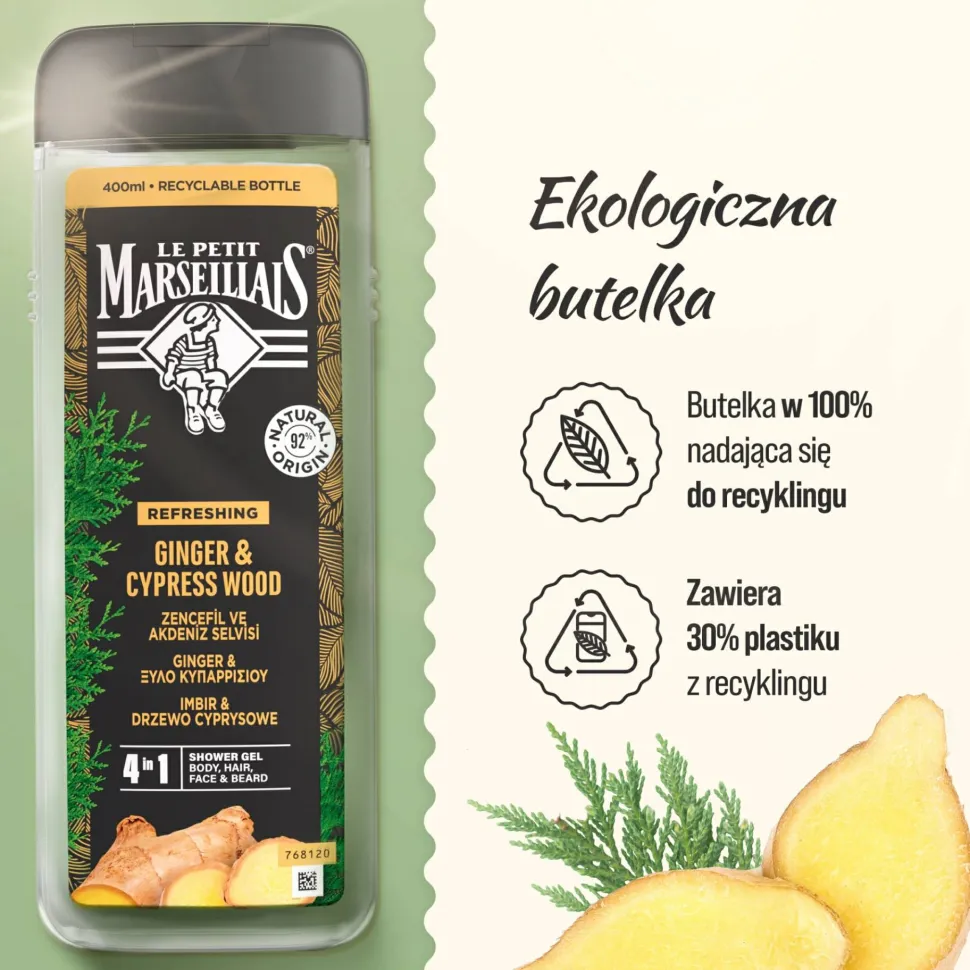 Duschgel und Shampoo für Männer mit Ingwer und Zypresse