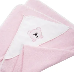 Kinderhandtuch mit Kapuze, 100% Baumwolle, rosa mit Bär, 100x100 cm