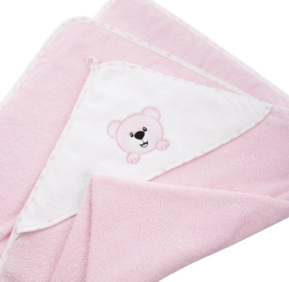 Kinderhandtuch mit Kapuze, 100% Baumwolle, rosa mit Bär, 100x100 cm