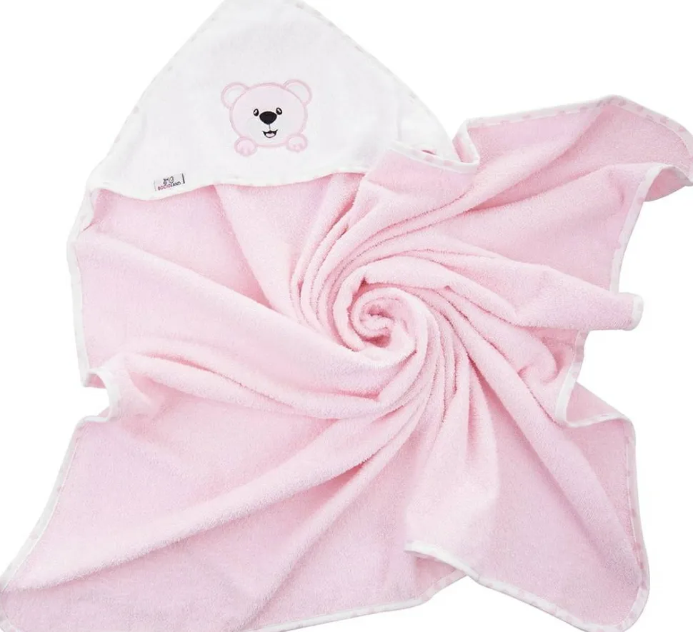 Kinderhandtuch mit Kapuze, 100% Baumwolle, rosa mit Bär, 100x100 cm