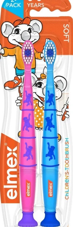 Kinderzahnbürsten (3-6 Jahre), pink + blau mit Affen, 2 St.