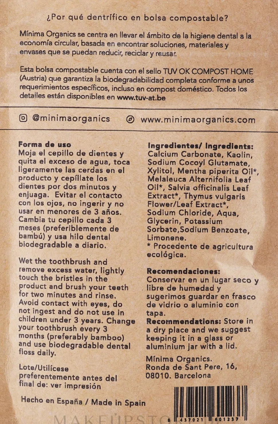 Natürliches Zahnpulver mit Minze in kompostierbarer Papiertüte
