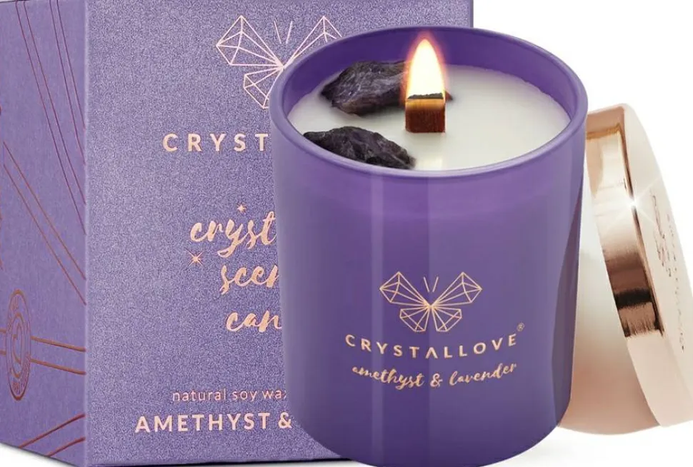 Sojakerze mit Amethyst und Lavendel
