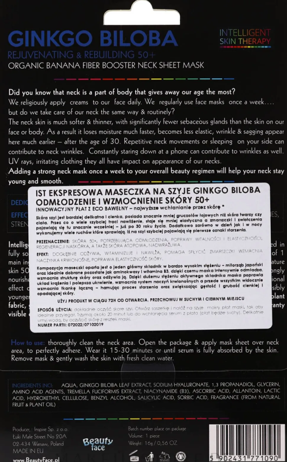 Verjüngende und regenerierende Tuchmaske für den Hals mit Gingko Biloba-Extrakt 50+