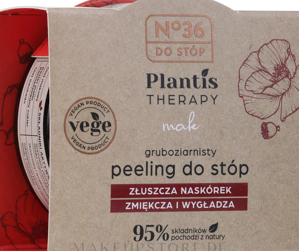 Weichmachendes und glättendes grobkörniges Fußpeeling mit Mohn